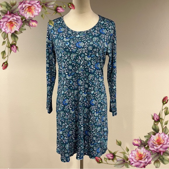 Lands' End Dresses & Skirts - Lands' End long‎ sleeve Floral Blue stretchy casual Dress size small